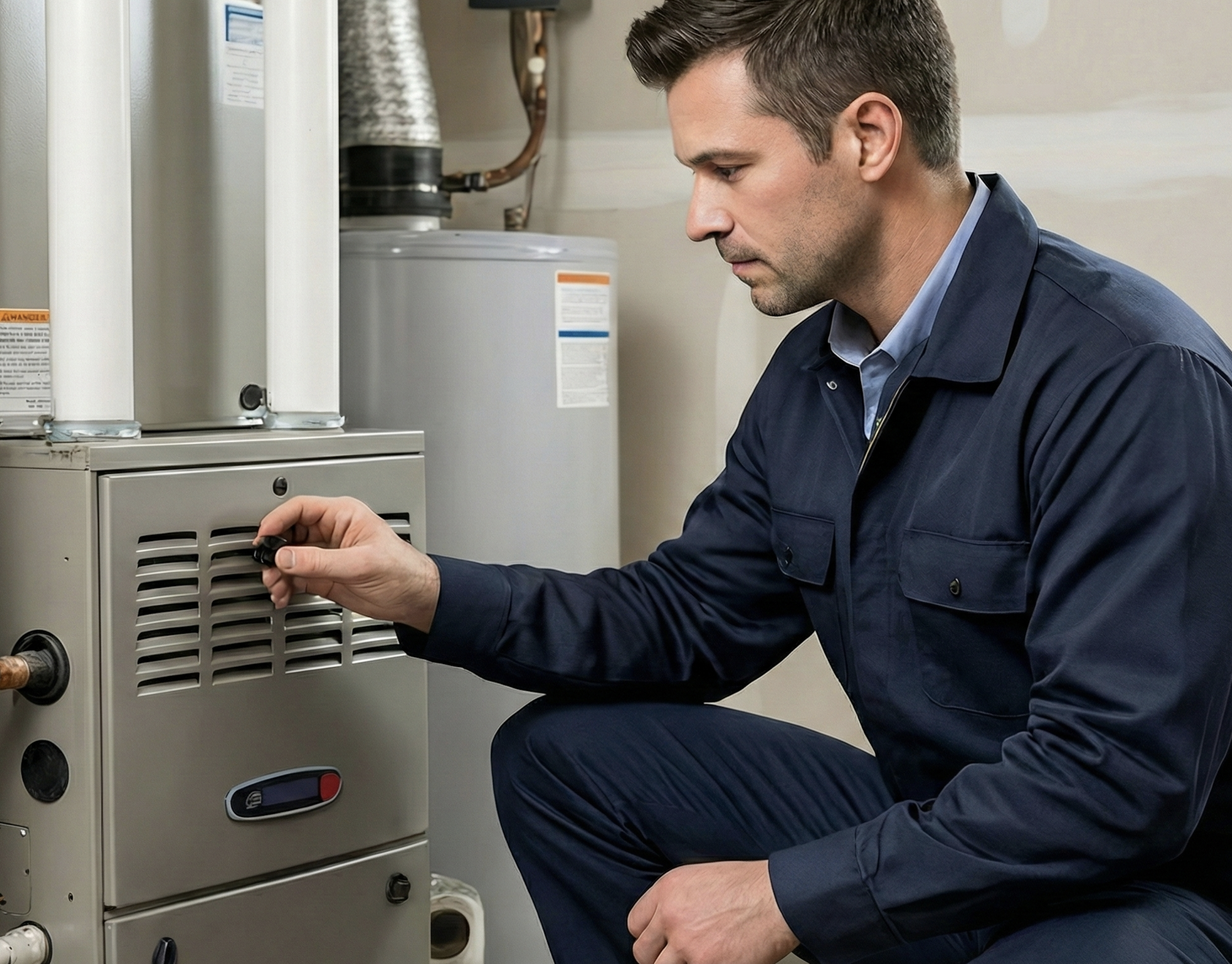 Furnace technician fixing a furnace